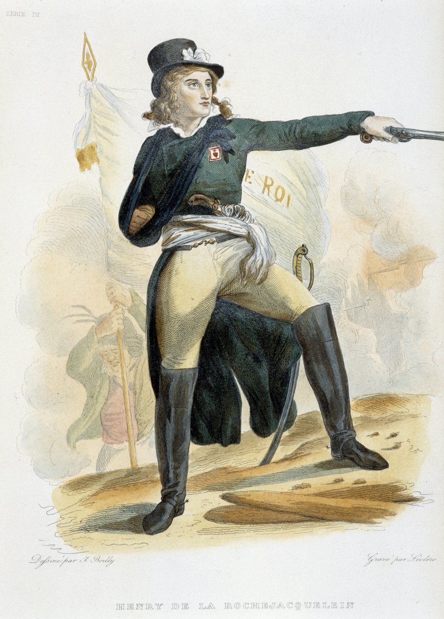 Porträtt av Henri du Vergier, greve av La Rochejaquelein (eller Orchard of La Rochejacquelein) (1772-1794) med flaggan "live le roi" (på bröstet Vendeens insignier) - i "Le Plutarque Français" "" av Mennechet, band 8 1841 av French School