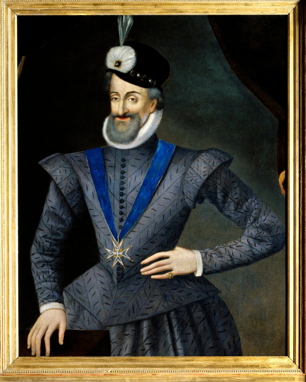 Porträtt av Henrik IV (1553-1610) kung av Frankrike. Han har halsbandet med insignierna för den Helige Andes Orden (Den Helige Andes Orden). Anonym fransk målning från 1600-talet. Olja på duk. Mått: 0,95x1,13m. Obligatoriskt omnämnande: Sully sur Loi av French School