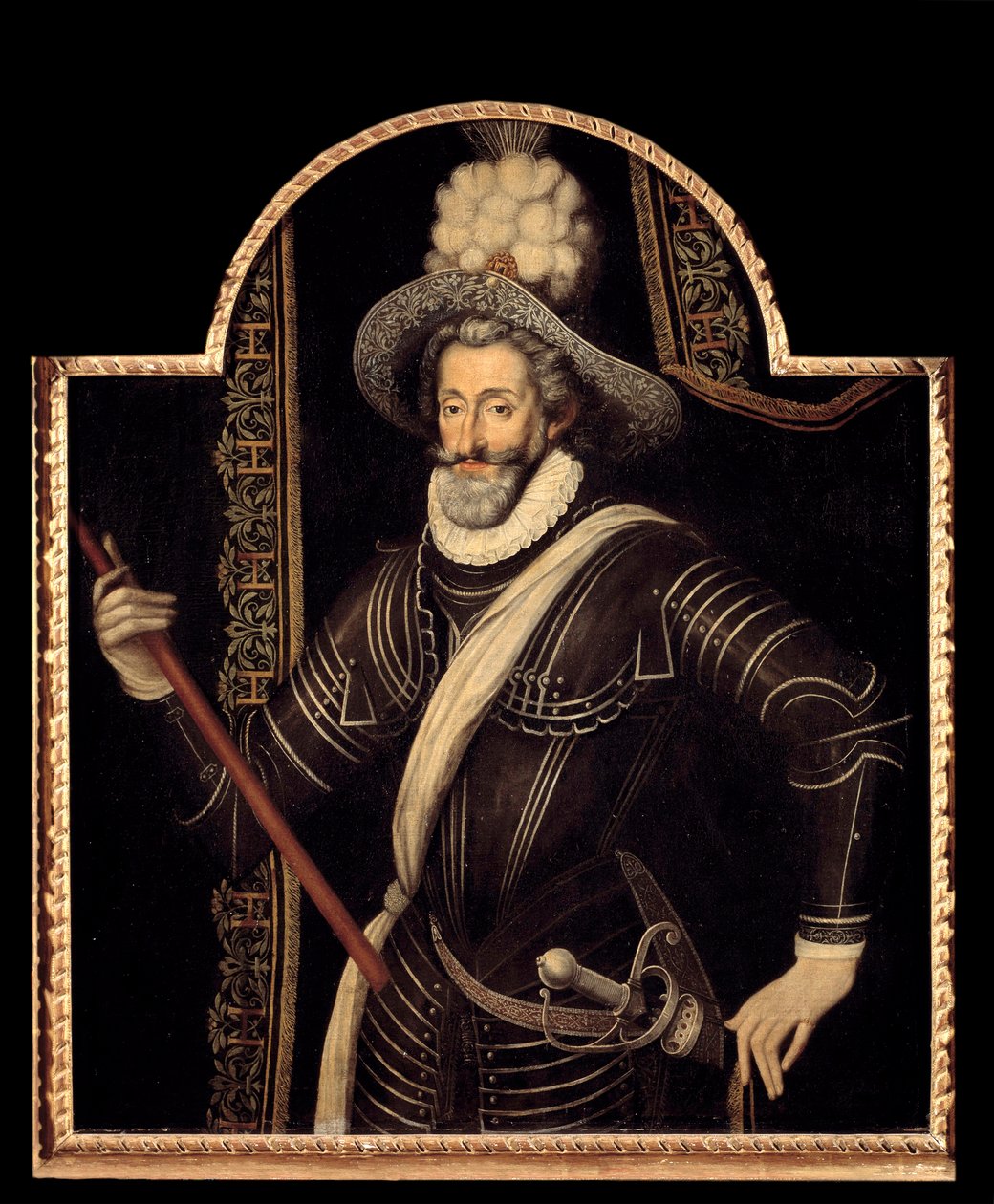 Porträtt av Henrik IV i vit cuirasse och plym, kung av Frankrike och Navarra (1553-1610) Anonym målning av den franska skolan på 1500-talet. Dämpa. 1,15x0,99 m. av French School