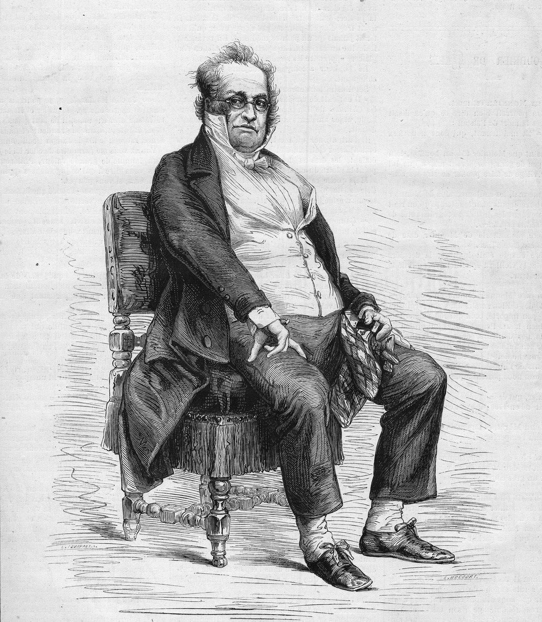 Porträtt av Henry Monnier (1799-1877), fransk dramatiker, serietecknare och komiker. Han är klädd som "Monsieur Prudhomme", en karaktär som uppfanns av Monnier, en tecknad serie av den franska borgaren på 1800-talet. Gravyr i "" Le Monde Illustré"" nr 1031 av French School