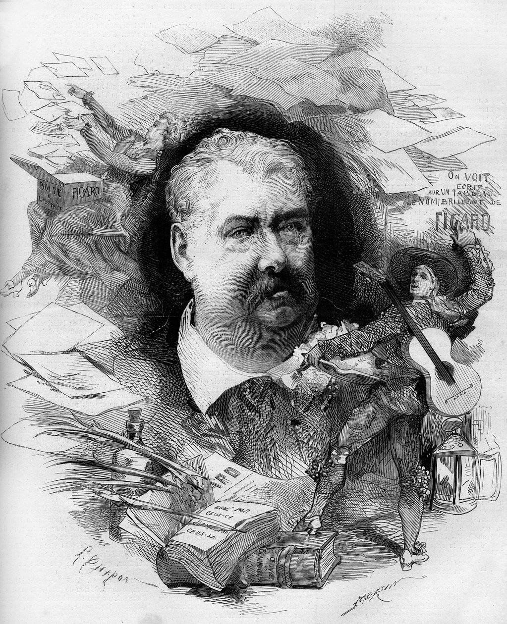 Porträtt av Hippolyte de Villemessant (1810-1879), fransk journalist, grundare av "Figaro". Gravyr i "" Le Monde Illustré"" nr 1151 av 19 april 1879. av French School