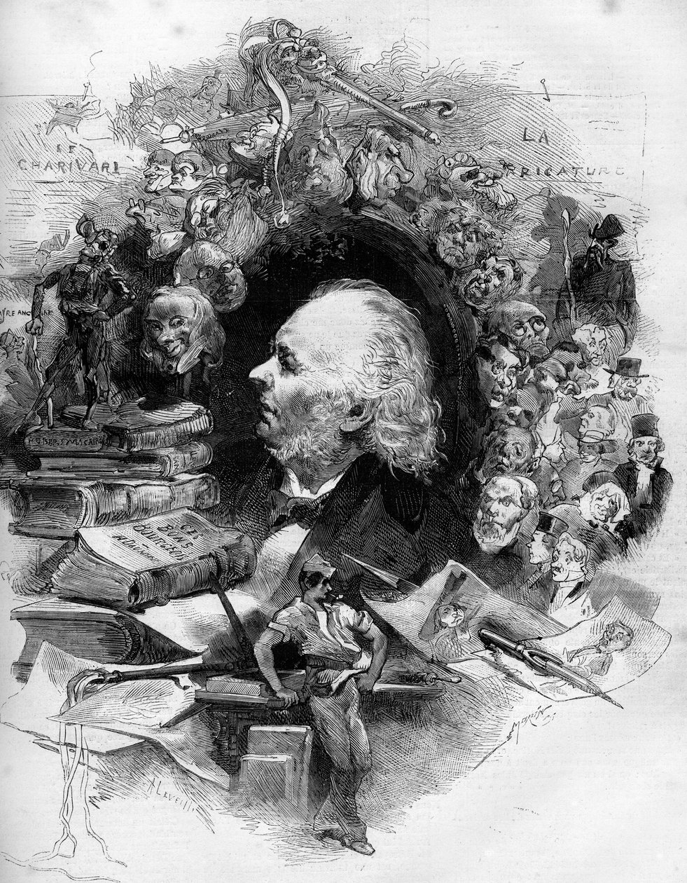 Porträtt av Honore Daumier (1808-1879), fransk serietecknare, målare och serietecknare. Gravyr i "" Le Monde Illustré"" nr 1143 den 22 februari av French School