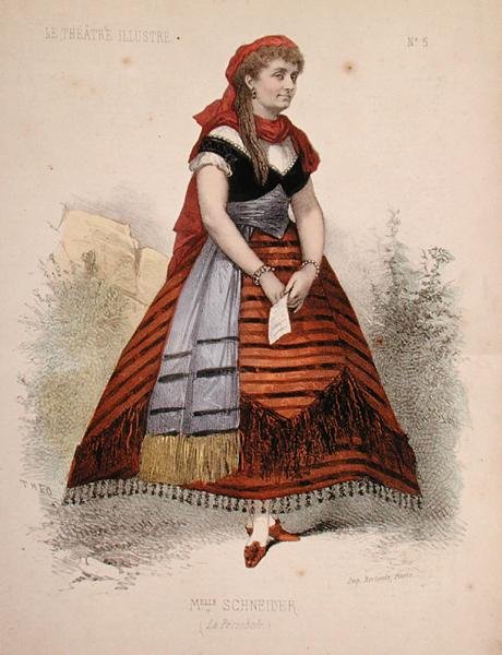 Porträtt av Hortense Schneider (1833-1920) i rollen som La Perichole i operetten med samma namn av Jacques Offenbach (1819-90) illustration från 