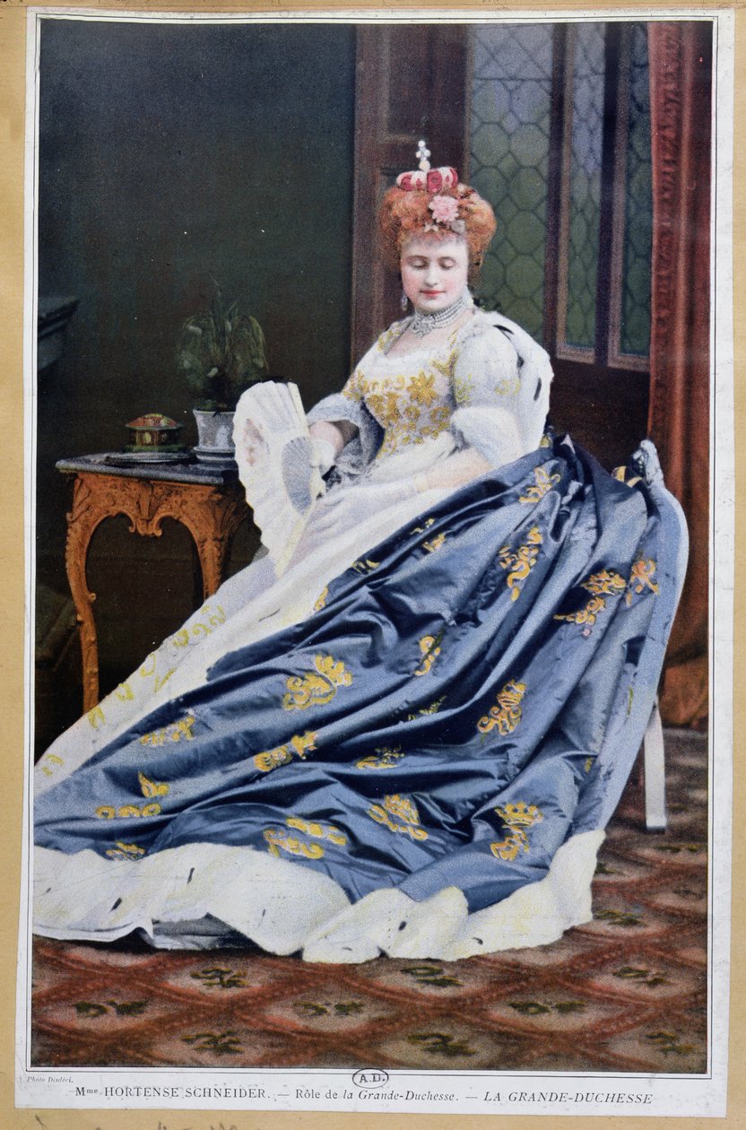 Porträtt av Hortense Schneider (1833-1920) i rollen som storhertiginnan i La Grande Duchesse de Gerolstein av Jacques Offenbach (1819-90) ca 1867 av French School
