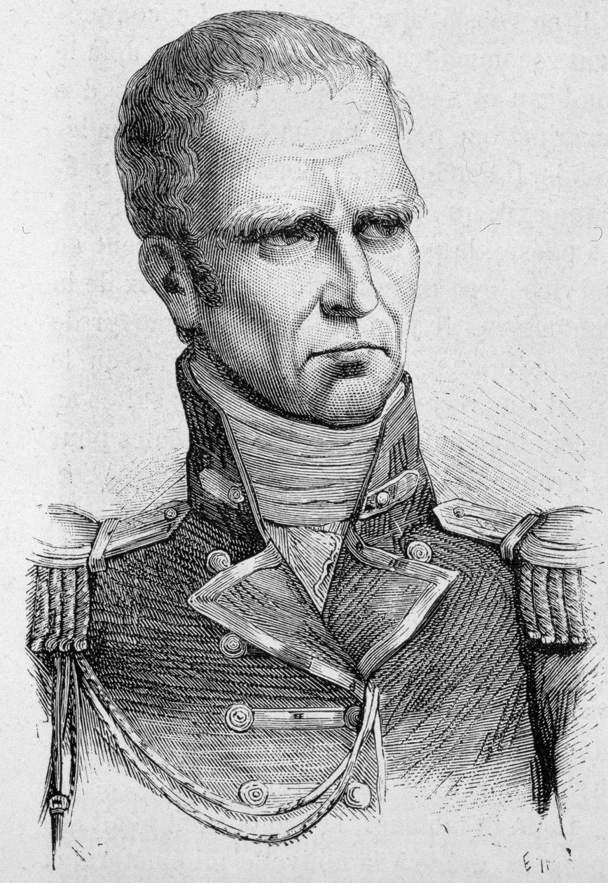 Porträtt av Hudson Lowe, brittisk general (1769 - 1844), utnämnd till guvernör i St. Helena 1815, han var Napoleons fångvaktare - i "The History of France" av Henri Martin av French School