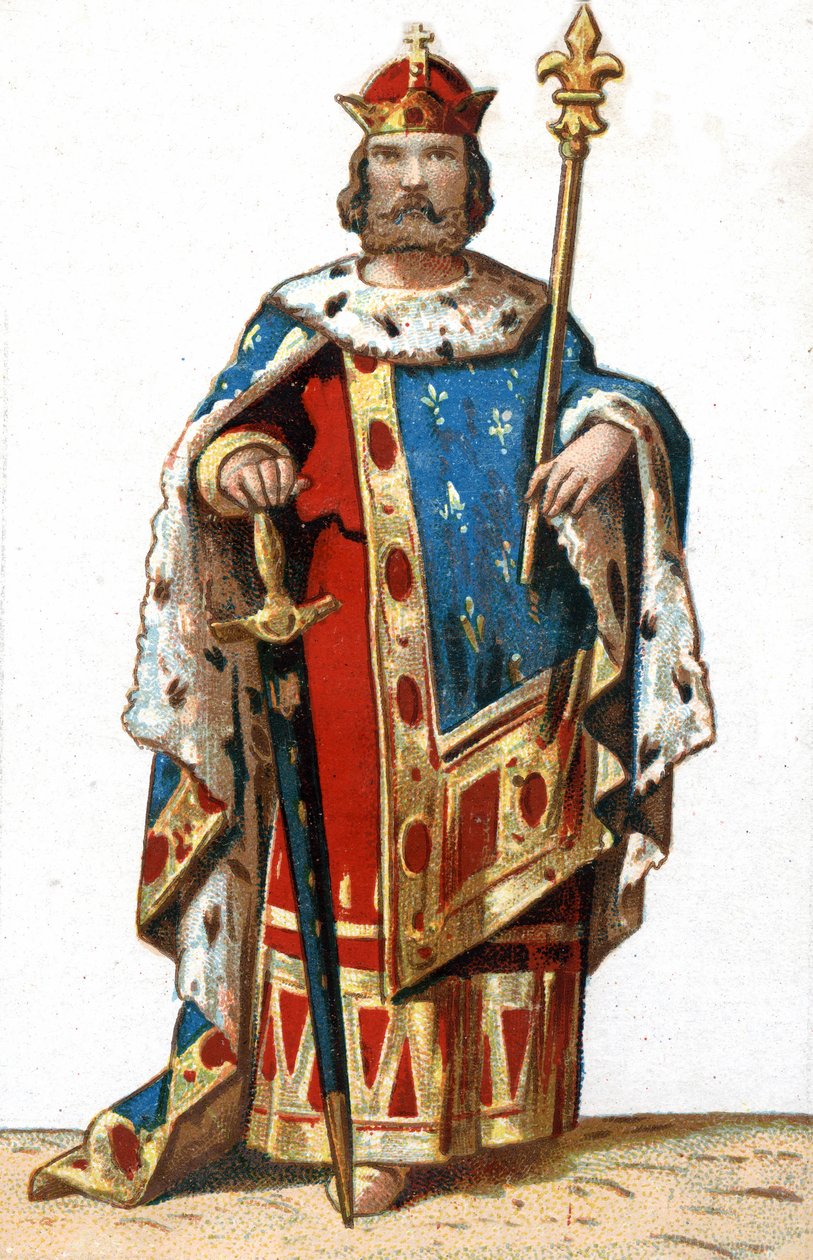Porträtt av Hugues I Capet (v. 941 - 996), hertig av Frankrike och sedan kung av Frankrike. Kromolitografi från slutet av 1800-talet. av French School