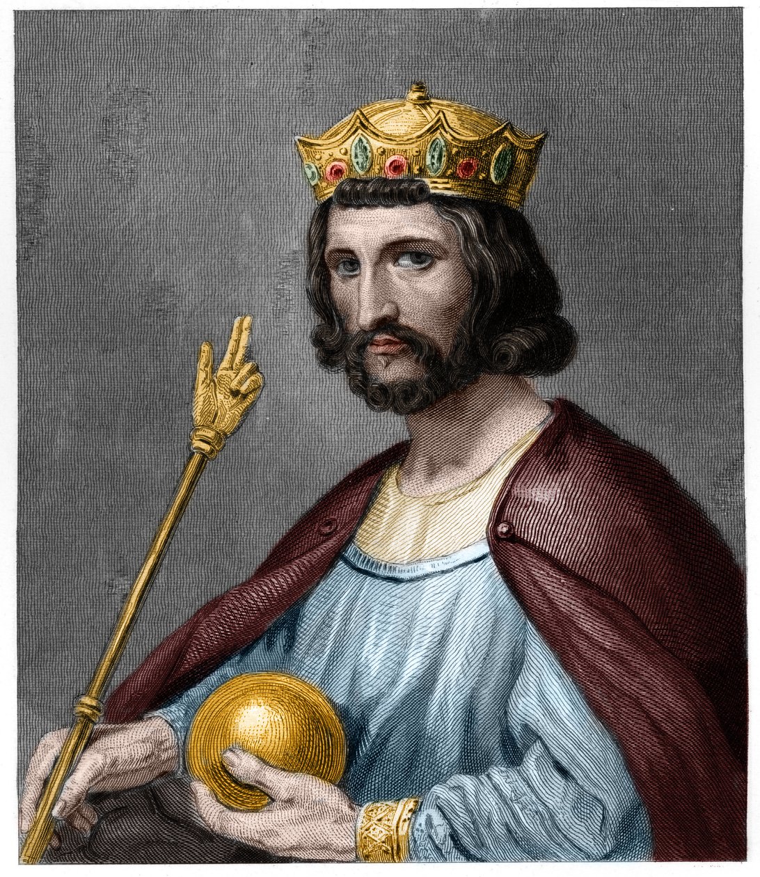 Porträtt av Hugues I Capet (v. 941 - 996), hertig av Frankrike och sedan kung av Frankrike - i "Histoire des Francais"" av Lavallée, gravyr, sd. av French School