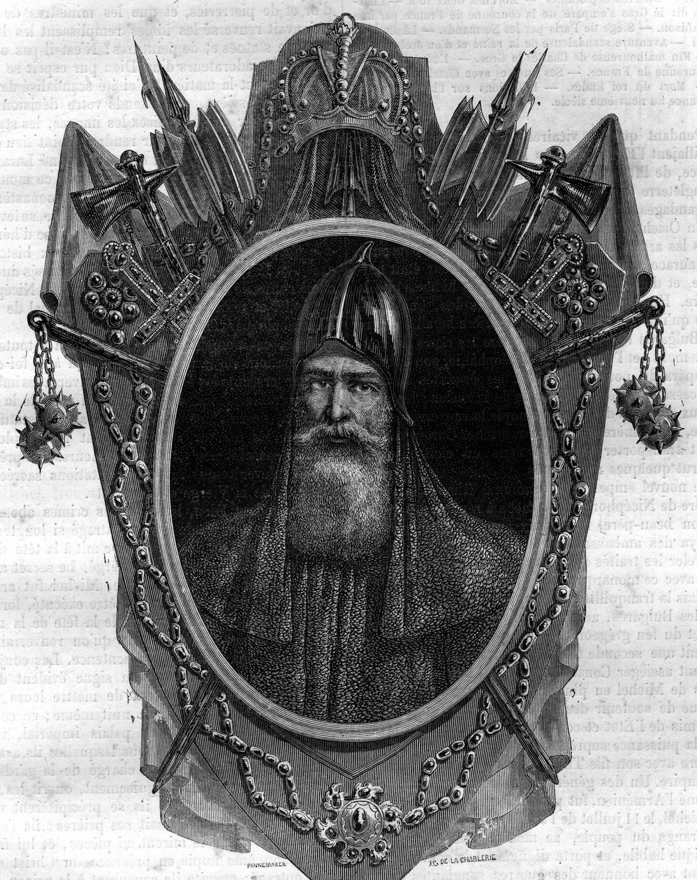 Porträtt av Igor, hertig av ryssarna, varegue-prins, suverän över "Rus" i Kiev från 912 till 945. Gravyr i "Histoire des Papes-Rois-Queen and Empereurs a travers les centuries" av Maurice Lachatre av French School