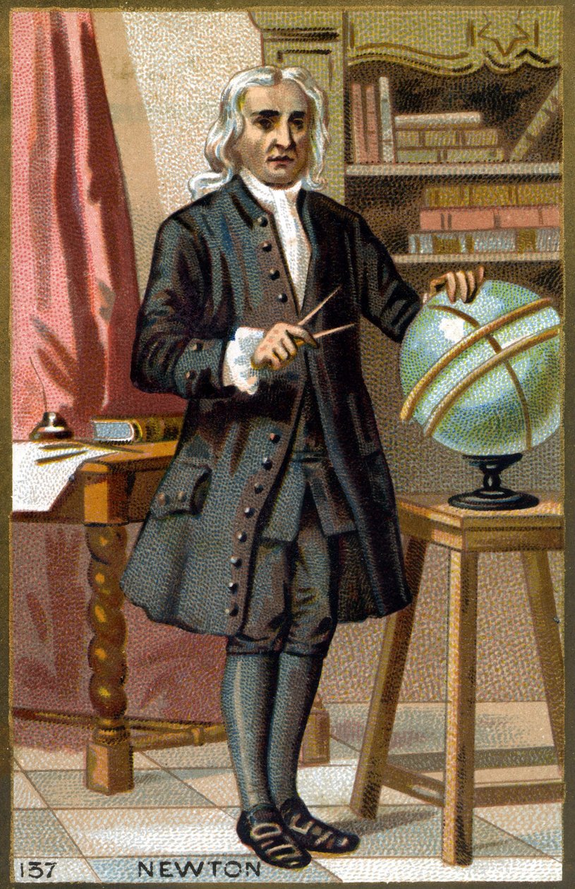 Porträtt av Isaac Newton (1642-1727). Kromolitografi från slutet av 1800-talet. av French School