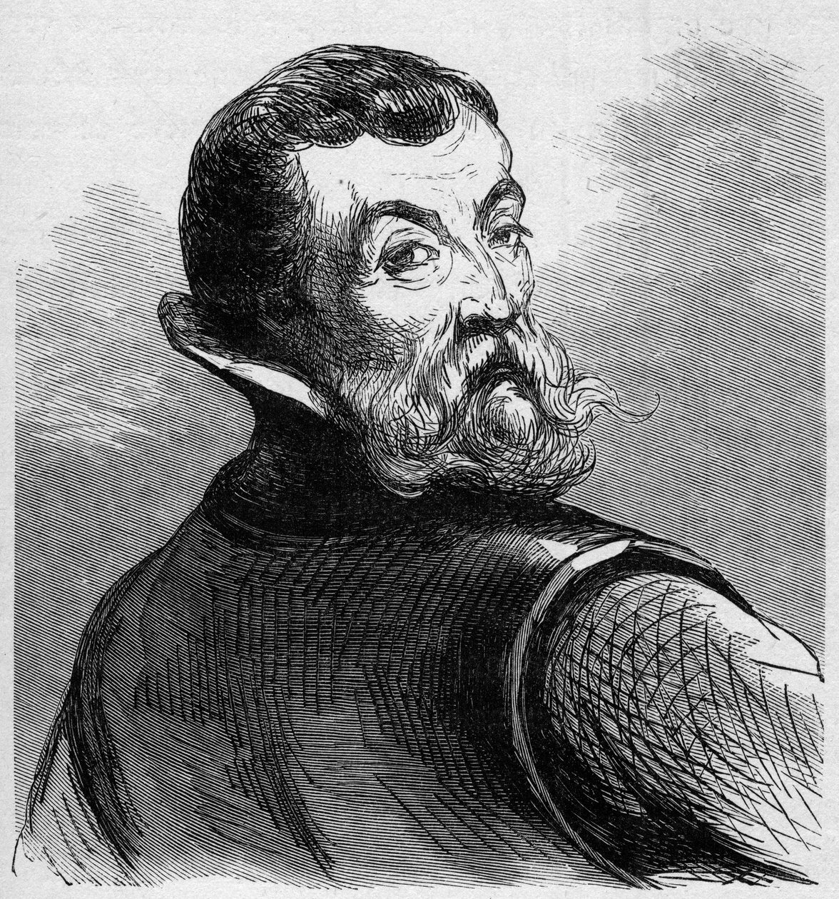 Porträtt av Jacques Cartier (1491-1557). Fransk navigatör och upptäcktsresande. Gravyr i "La Marine et les colonies: handel" av French School