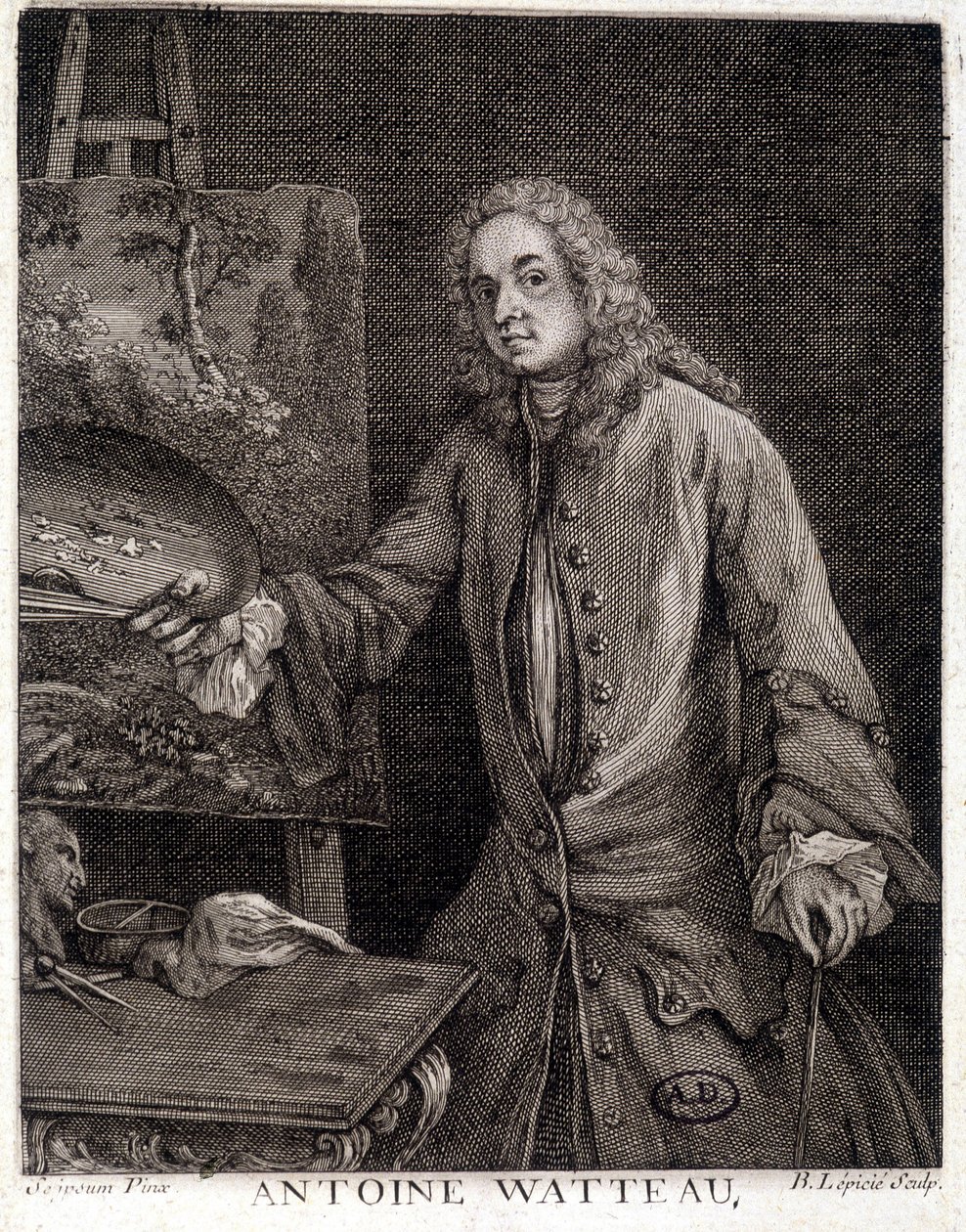 Porträtt av Jean Antoine Watteau (1684-1721), fransk målare - gravyr av French School