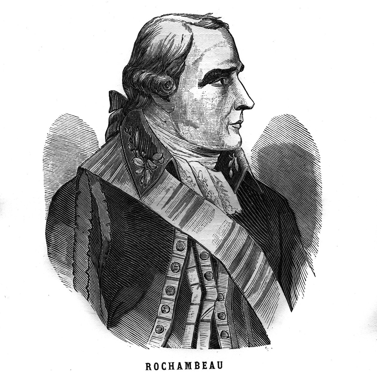 Porträtt av Jean Baptiste Donatien de Vimeur, greve av Rochambeau (1725-1807), marskalk av Frankrike. Gravyr i "Les Illustrations De L