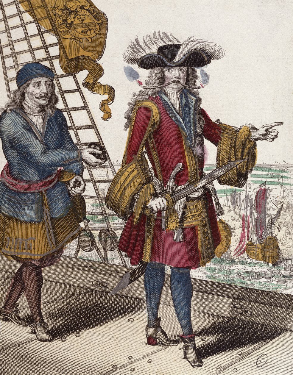Porträtt av Jean Bart (1650-1702) med en brinnande tändstift i munnen under ett sjömöte (färgstick) av French School
