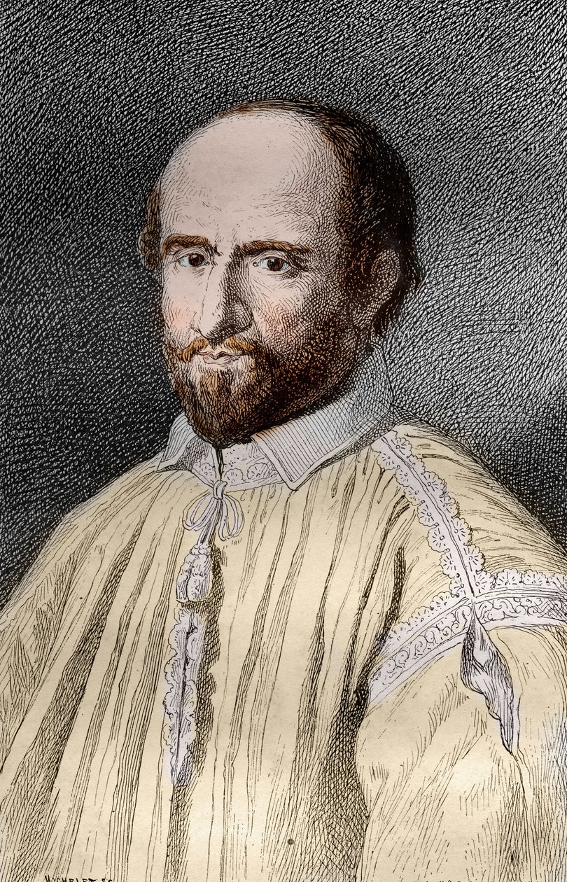 Porträtt av Jean Duvergier de Hauranne (1581-1643), Abbe av Saint-Cyran, fransk religiös och teolog Jansenist (Jean du Vergier de Hauranne, Abbe av Saint Cyran (1581-1643) Fransk munk som introducerade jansenismen i Frankrike) Gravyr från " Les mysteres av French School