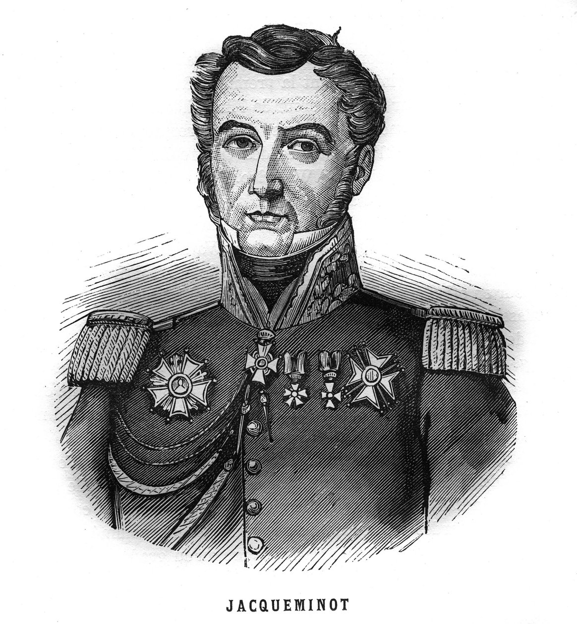 Porträtt av Jean Francois Jacqueminot, Viscount of Ham (1787-1865), fransk general och politiker. Gravyr i "Les Illustrations De L