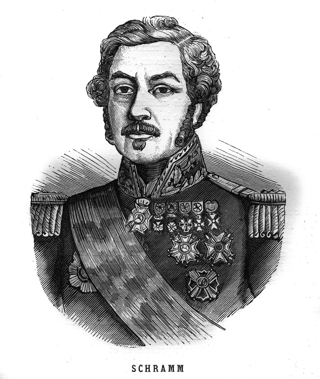 Porträtt av Jean Paul Adam Schramm (1789-1884) fransk general. Gravyr i "Les Illustrations De L