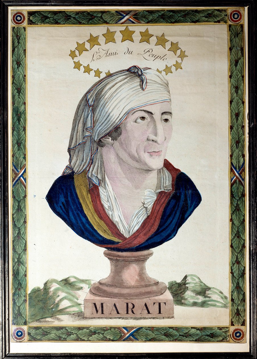 Porträtt av Jean Paul Marat, fransk läkare, journalist och politiker (1743-1793), folkets vän. Etsning med starkt vatten och mejsel från 1700-talet. Paris, Musée Carnavalet. av French School