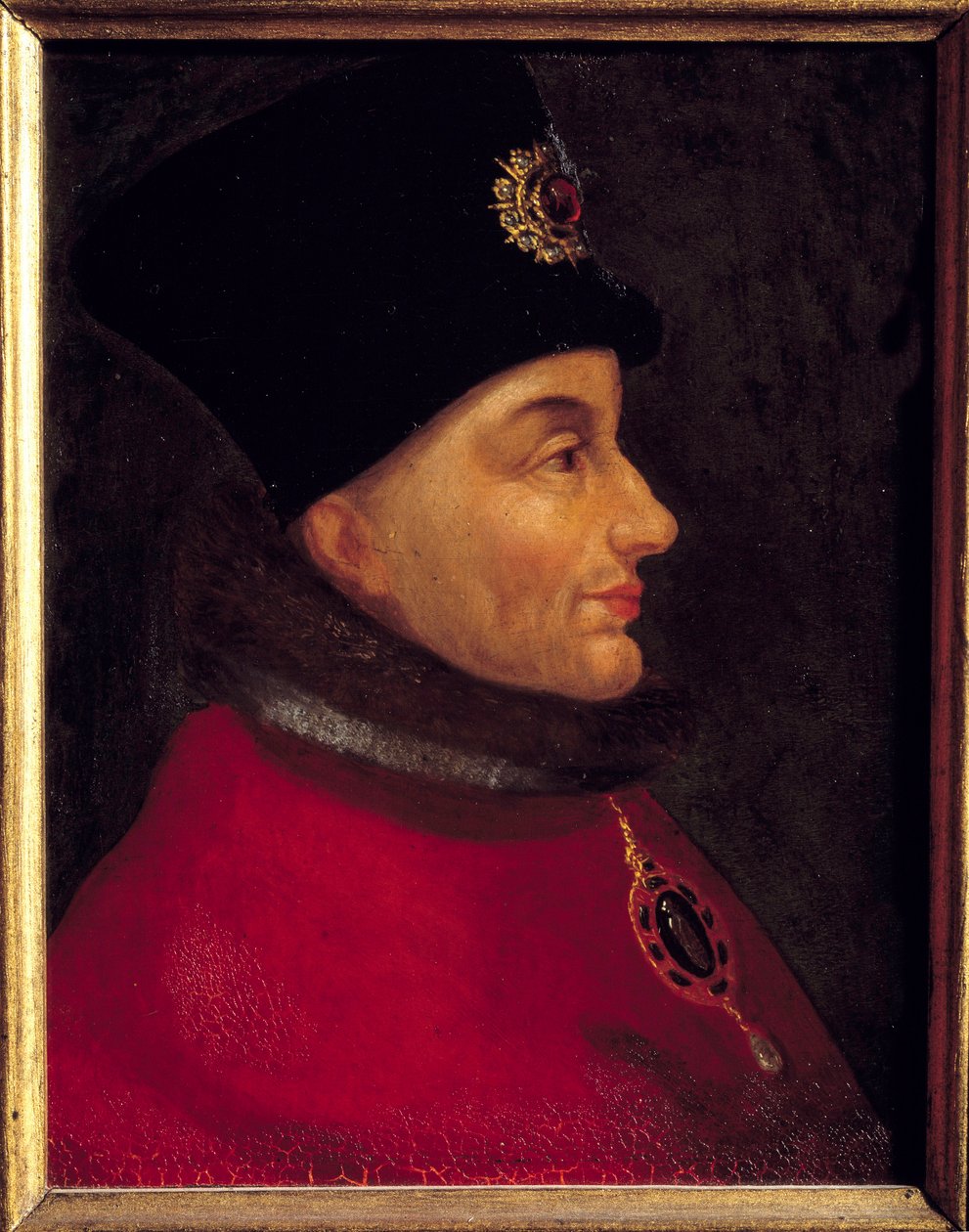 Porträtt av Jean Sans peur, hertig av Bourgogne (1371-1419) Målning av den franska skolan. 1500-talet sön. 0,4x0,17 m av French School