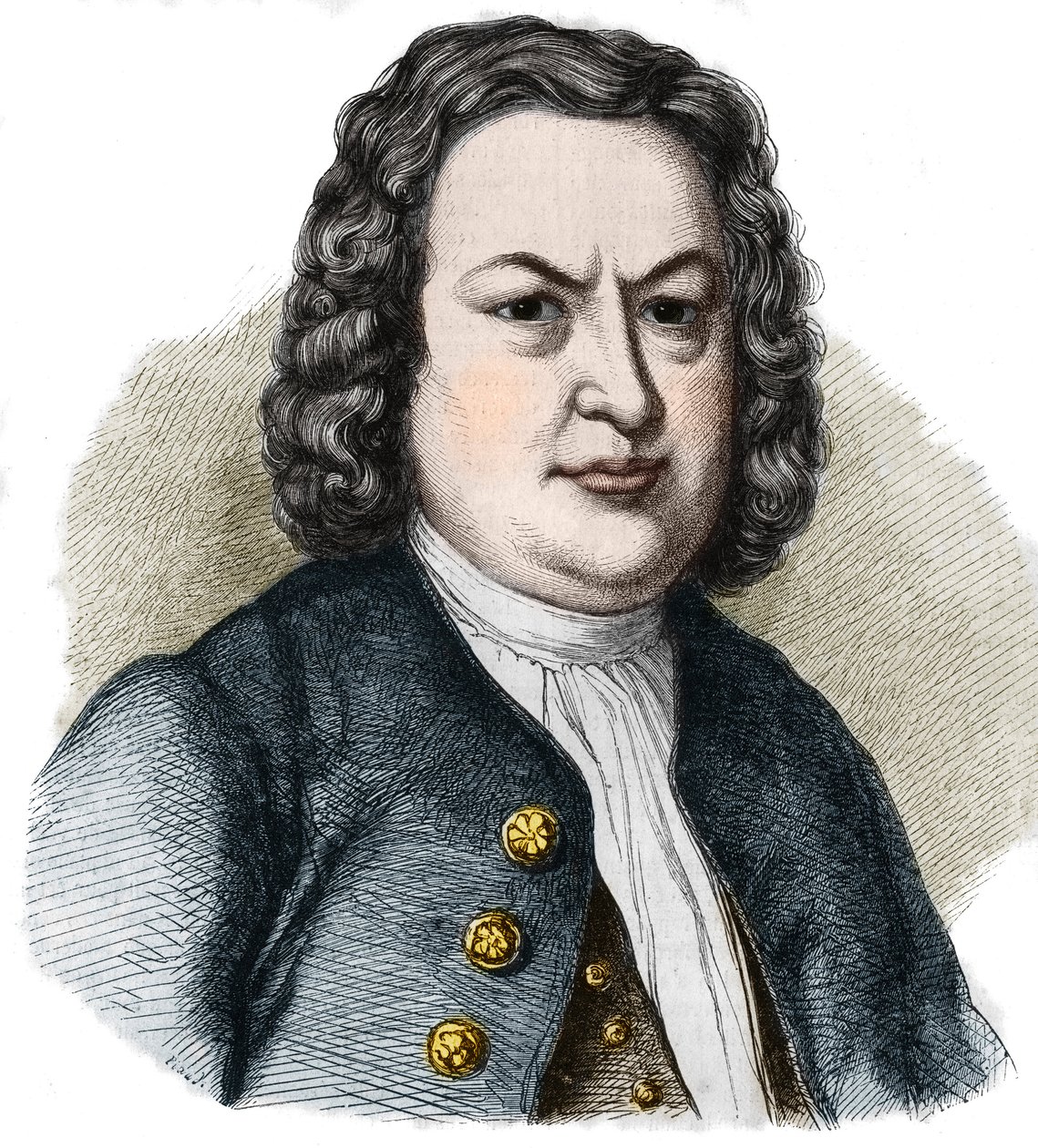 Porträtt av Jean Sebastian (Johann Sebastian) Bach (1685-1750) tysk kompositör. Gravyr från 1858. av French School