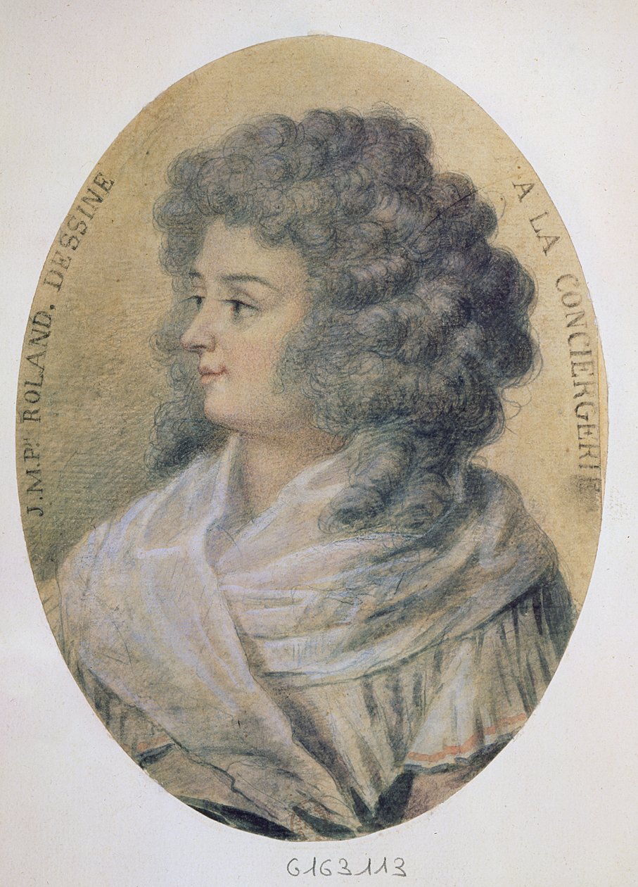 Porträtt av Jeanne-Marie Roland de la Platiere (född Philippon) (1754-93) på Conciergeriet av French School