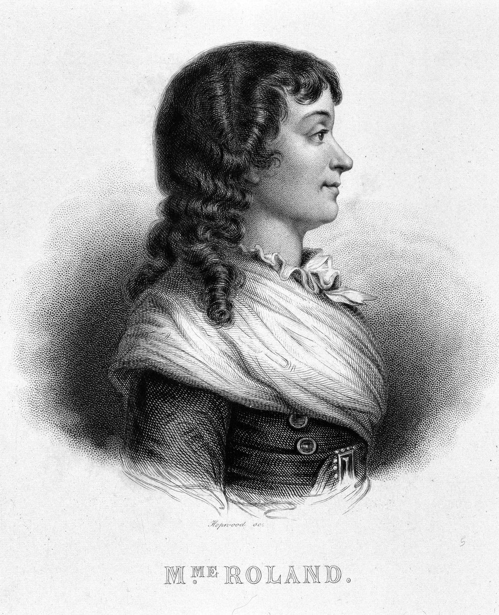 Porträtt av Jeanne Marie eller Manon Philipon, Madame Roland (1754 - 1793) - i "" Revolution francaise"" av Thiers av French School