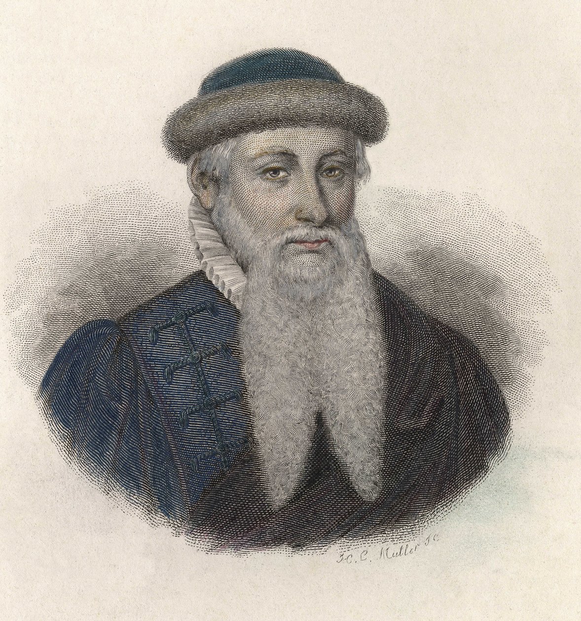 Porträtt av Johannes Gensfleisch dit Gutenberg (1394/99-1468), tysk boktryckare. I "" Porträtt av användbara män"" av French School