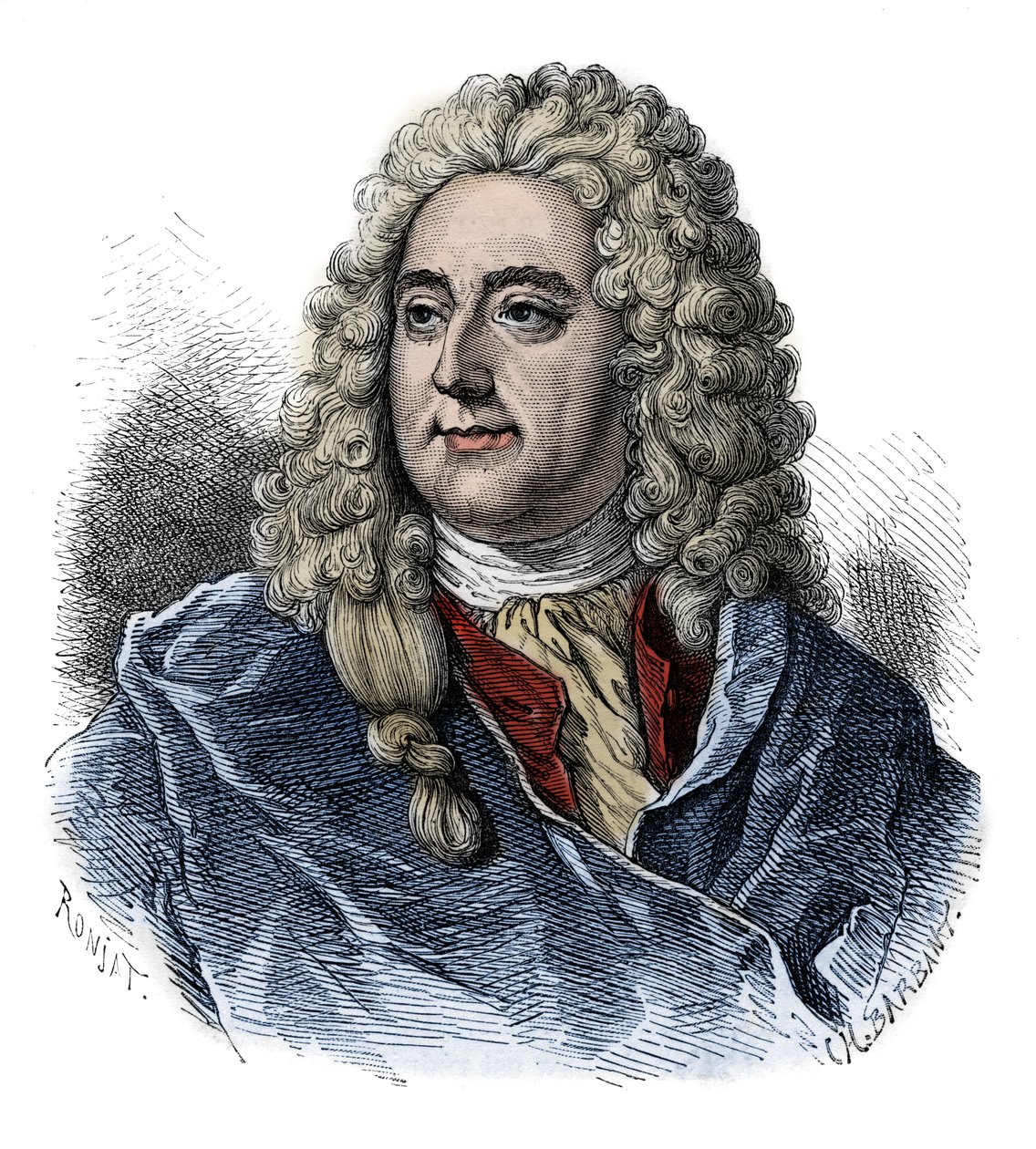 Porträtt av John Law (1671 - 1729) finanskontrollant, skotsk finansiell ansvarig för konkursen (Event of The Rue Quincampoix) - gravyr från "" L