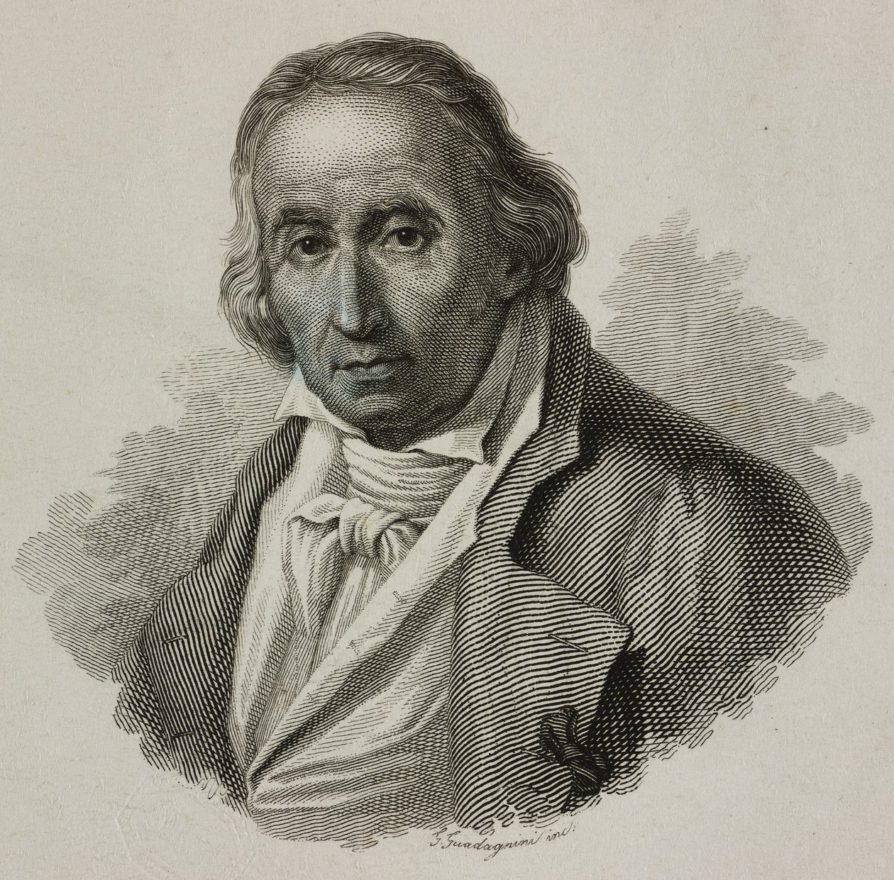Porträtt av Joseph Marie Charles, kallad Jacquard (1752-1834), fransk vävare och uppfinnare av Jacquardvävstol, gravyr av Guadagnini av French School