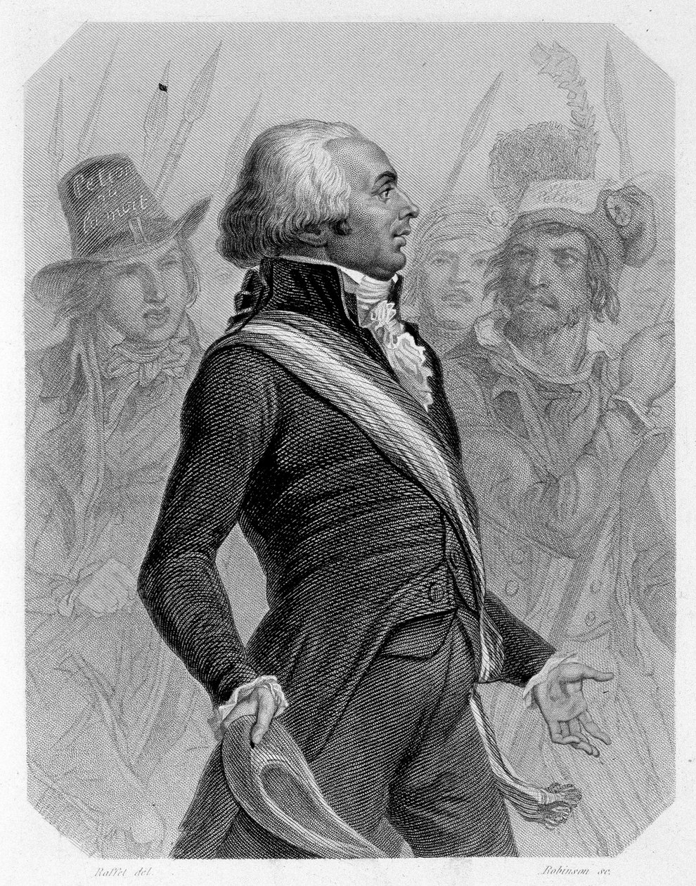 Porträtt av Jérome Pétion de Villeneuve (1756-1794), fransk politiker. I "The history of the Girondins"" av Lamartine av French School