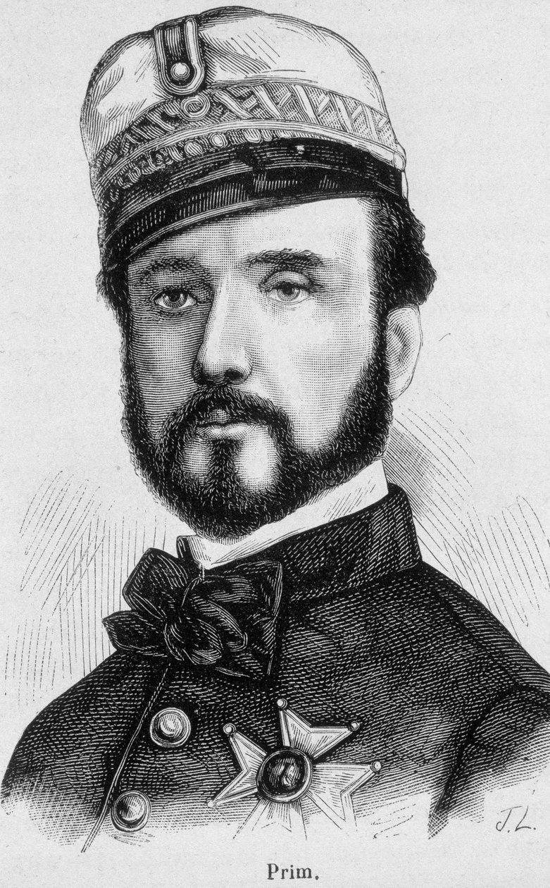 Porträtt av Juan Prim y Prats, spansk general och politiker (1814 - 1870) - i "The History of France" av Henri Martin av French School