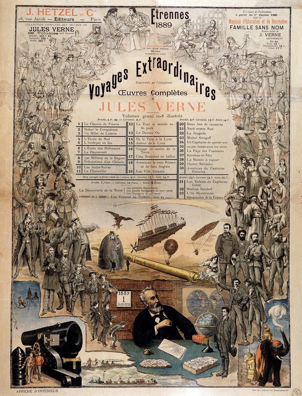 Porträtt av Jules Verne och scener ur hans verk - Reklamaffisch för hans samlade verk av French School