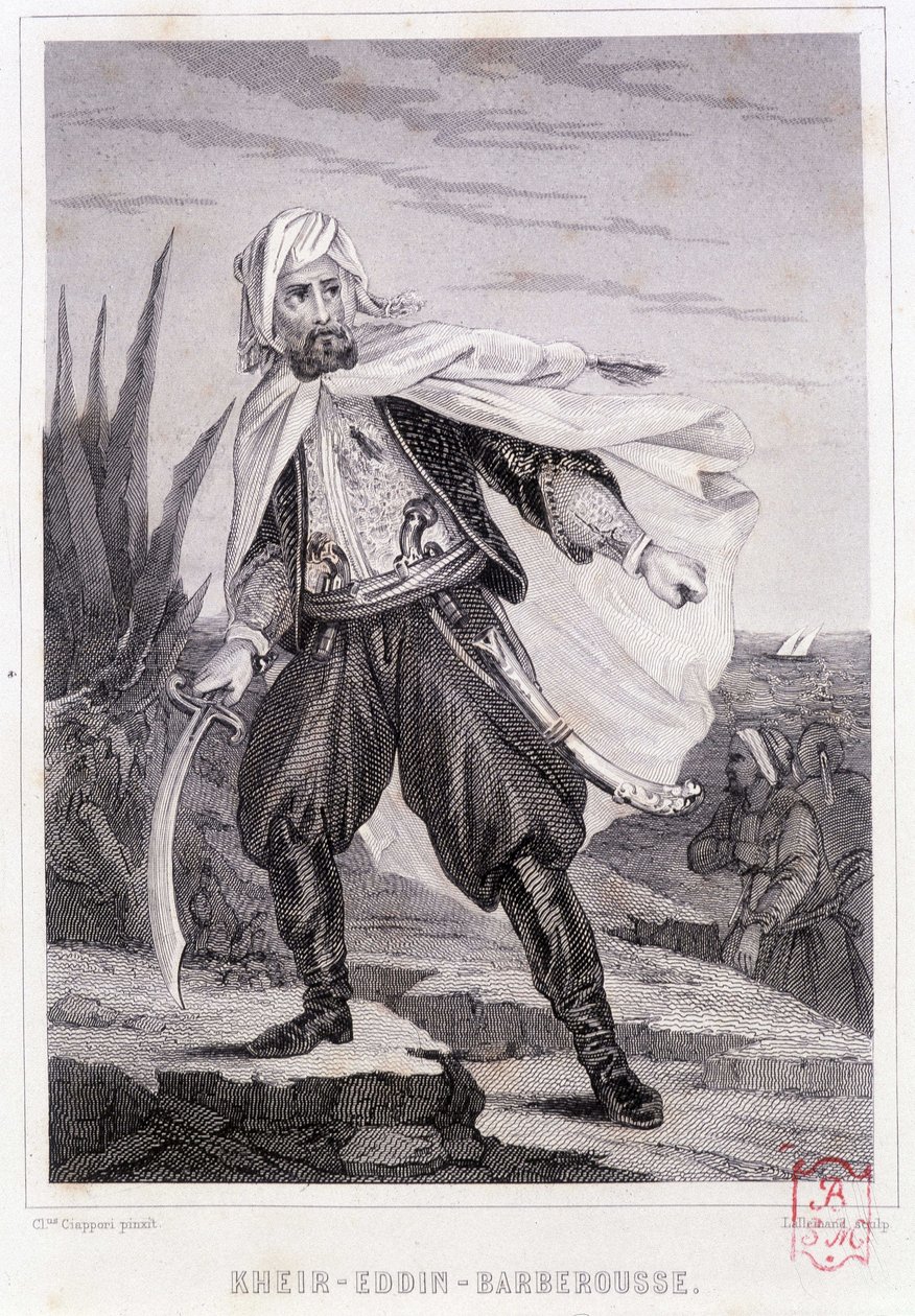 Porträtt av Kheir - Eddin - Barberousse, turkisk pirat från 1500-talet - i "" History of the pirates and the privateers of the Ocean and the Mediterranean"" av P. Christian, Paris, D. Cavaillés ed., Volym 1 av French School