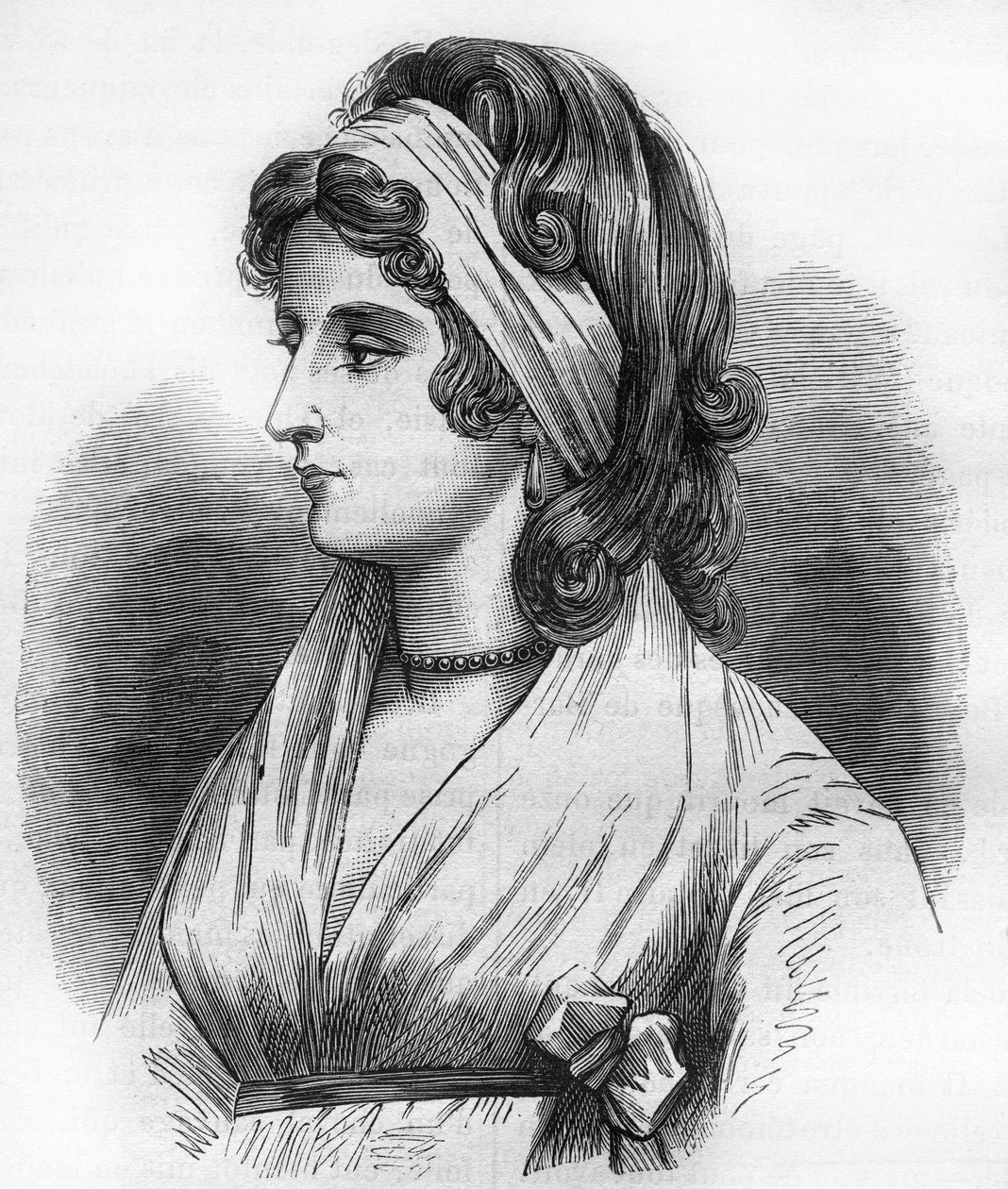 Porträtt av Lady Hamilton (Emma Lyons) (1765-1815) älskarinna till Horatio Nelson dit amiral Nelson (1758-1805). Gravyr i "Prostitutionens och utsvävningens historia bland alla världens folk från antiken till våra dagar" av Dr Th. -F. Debray av French School