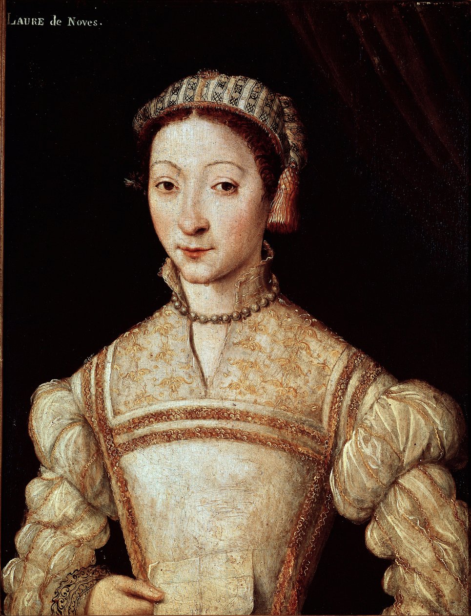 Porträtt av Laure (Laura) av Noves (1308-1348), kvinna aimee de Petrarque (Francesco Petrarca) Målning av den franska skolan på 1500-talet Sun. 21 x 28 cm Chantilly, musee Conde - Porträtt av Laura de Noves (1308-1348), Francesco Petrarcas älskade kvinna av French School