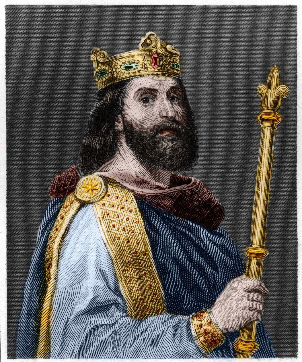 Porträtt av Ludvig II the Begue eller svimningen (846 - 879), kung av Frankrike - i "Historia om fransmännen" av Lavallee, gravyr, sd. av French School