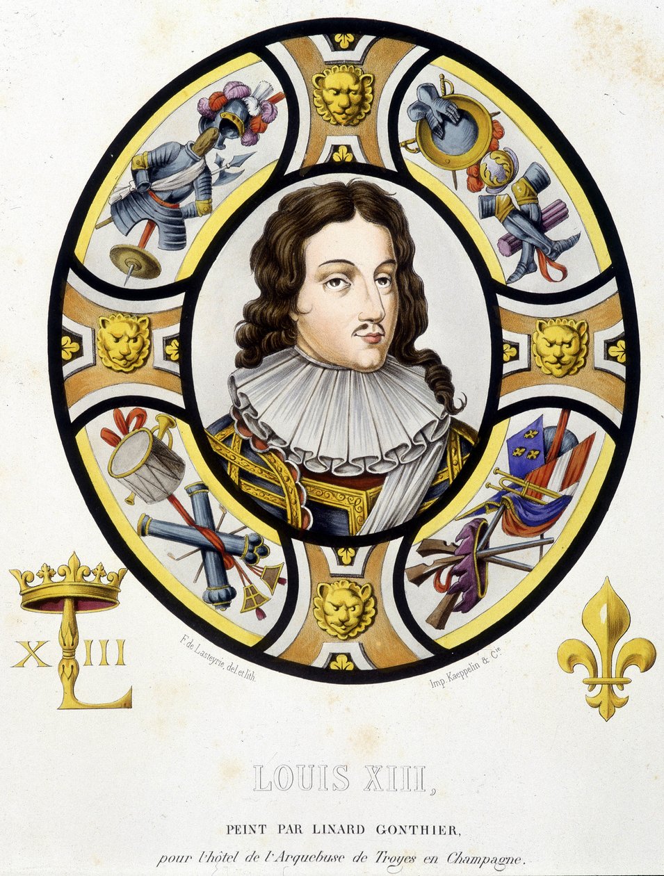 Porträtt av Ludvig XIII, kung av Frankrike (1601-1643). Faksimil av ett målat glas från medeltiden i "Histoire de la peinture sur verre"" av Ferdinand de Lasteyrie av French School