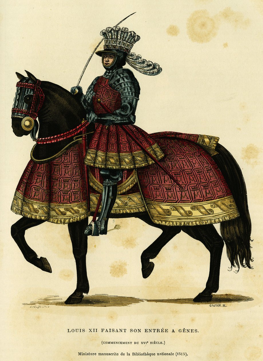 Porträtt av Ludvig XII, kung av Frankrike (1462-1515), på väg till Genes den 26 augusti 1502. Färgstick efter ett miniatyrmanuskript av nationalbiblioteket (1515), i "France et les francais a travers les centuries" av Augustin Challamel, F.Roy av French School