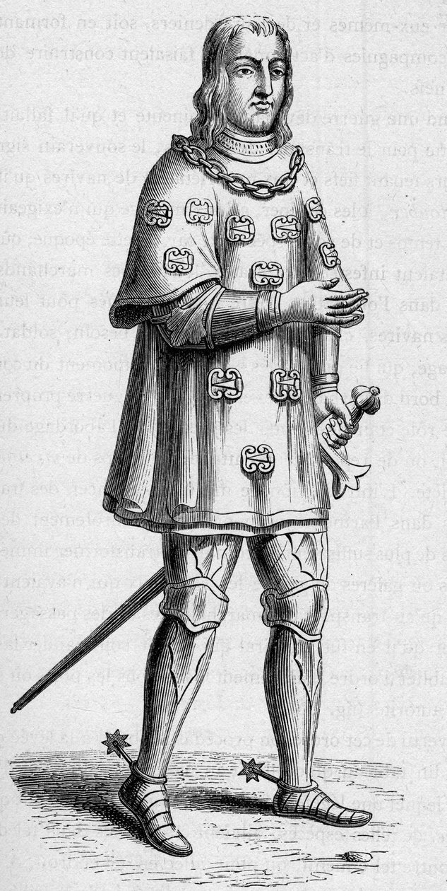 Porträtt av Louis de Malet, herre av Graville (ca 1441-ca 1519), amiral av Frankrike 1487, i krigs- och turneringsdräkt. Gravyr i "La Marine et les colonies: handel" av French School