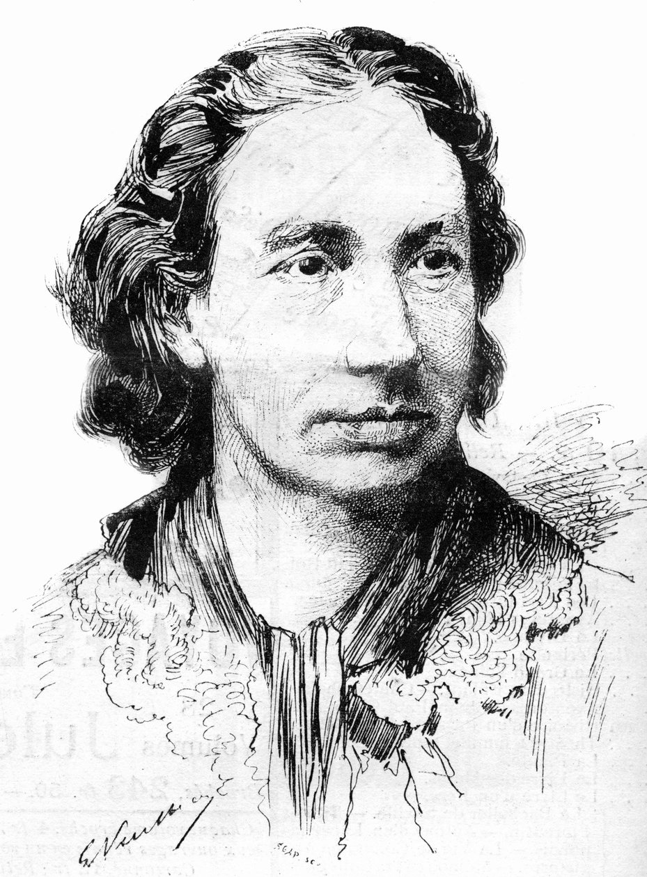 Porträtt av Louise Michel (1830-1905), feministisk aktivist och partisan i Paris kommun. Här 1887. av French School