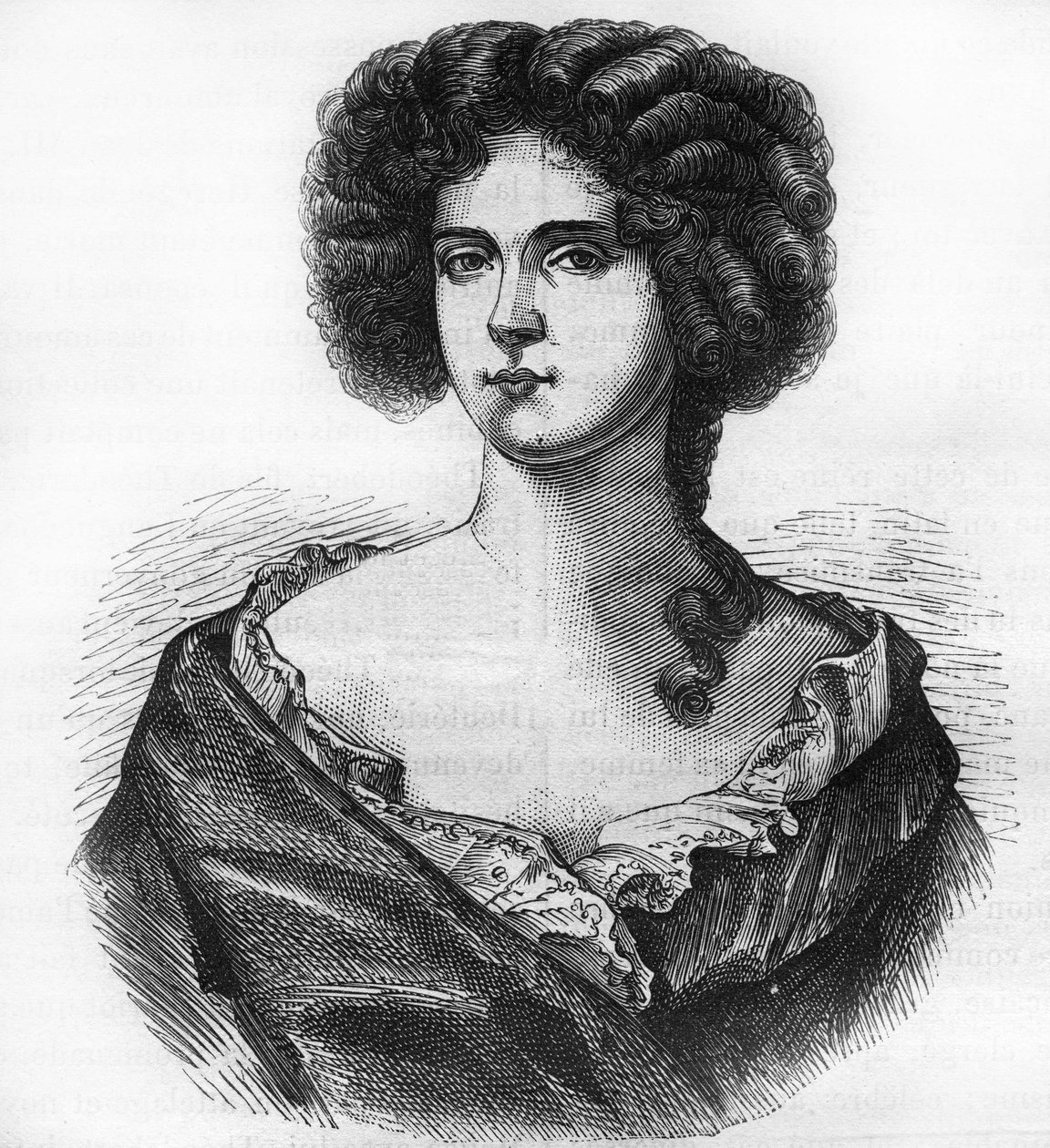 Porträtt av Louise de Keroualle (1649-1734), hertiginna av Portsmouth och älskarinna till Charles II (1630-1685). Gravyr i "Prostitutionens och utsvävningens historia bland alla världens folk från antiken till våra dagar" av Dr Th. -F. Debray. 1 av French School
