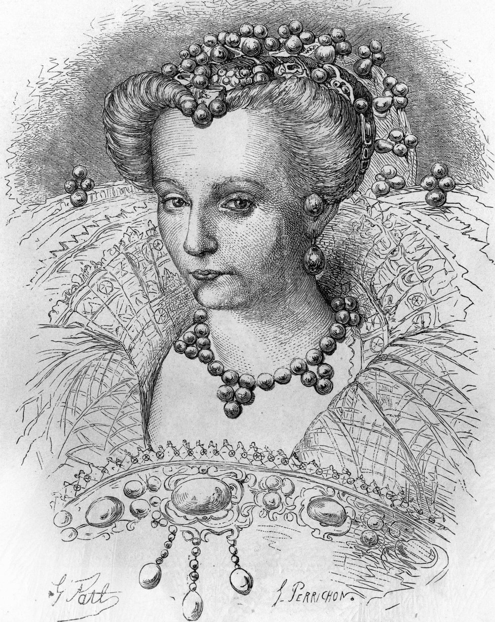 Porträtt av Louise de Lorraine (1553-1601), fru till Henri III. I ""Popular History of France"", nd. ca 1885. Gravyr. av French School