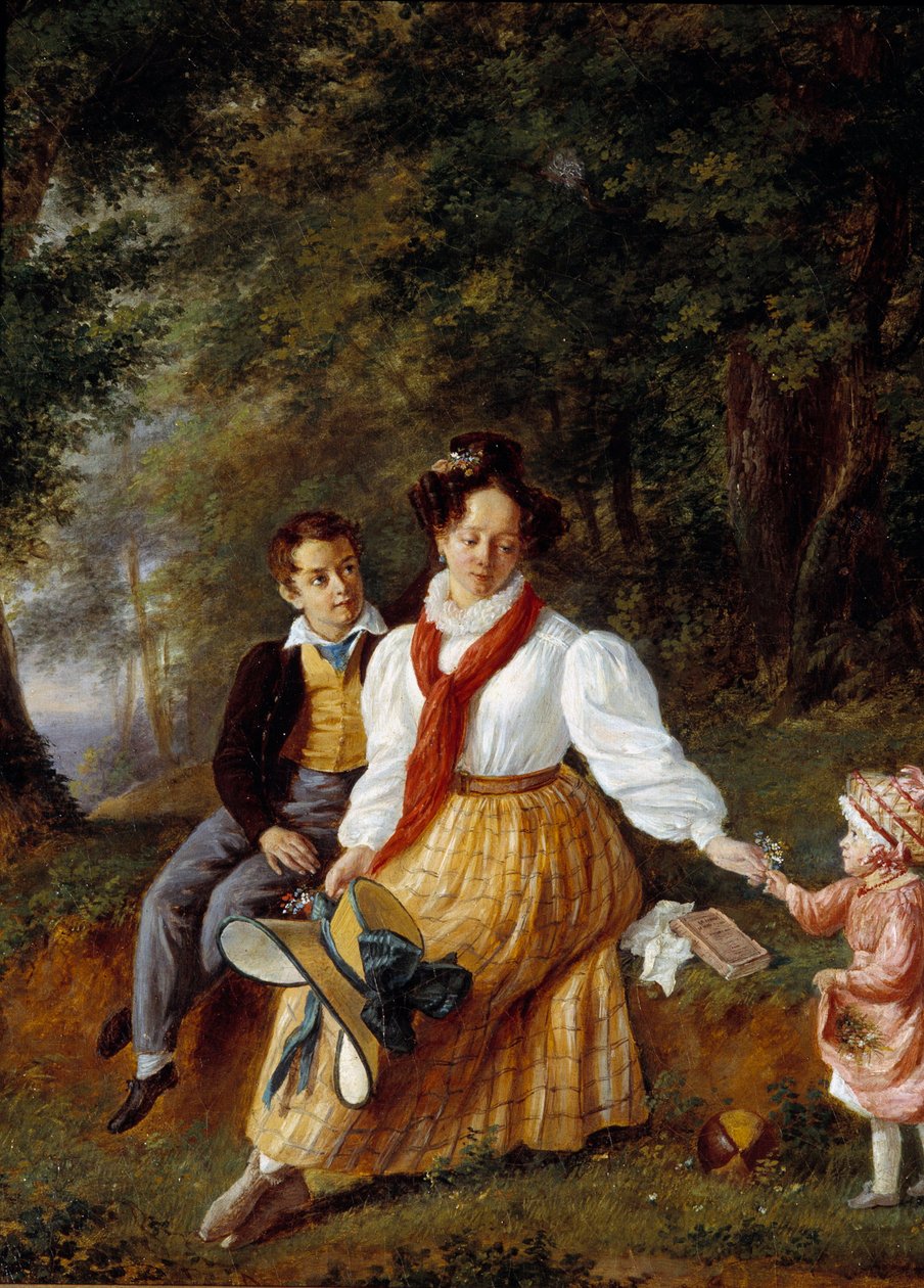 Porträtt av Madame Paul de Lock med sina barn Målning av den franska skolan på 1800-talet. Sceaux, Ile de France-museet av French School