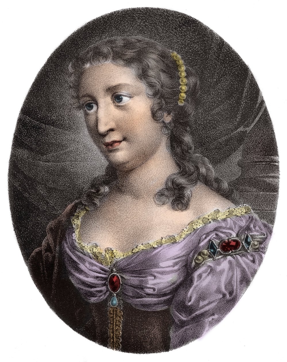 Porträtt av Madame de La Fayette, fransk romanförfattare (gravyr) - Marie-Madeleine (Marie Madeleine) Pioche de La Vergne, Comtesse de Lafayette (Madame de la Fayette) (1634-1693). Gravyr av 1800-talet. av French School