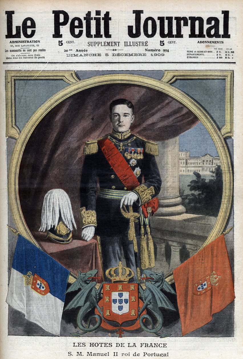 Porträtt av Manuel II kung av Portugal (1889-1932) under hans besök i Paris - "Le Petit Journal" den 5 december av French School
