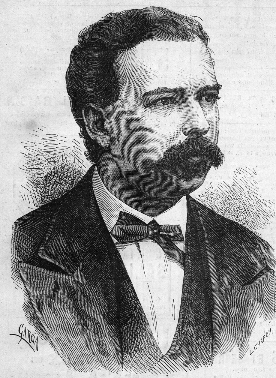 Porträtt av Manuel Pardo (1834-1878), Perus president från 1872 till 1876. Gravyr i "" Le Monde Illustré"" nr 1132 av 7 december 1878. av French School