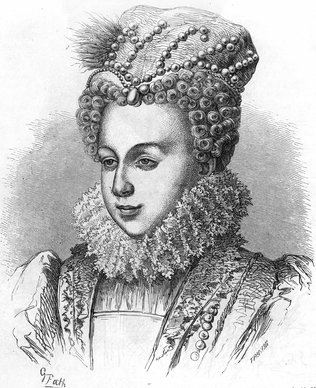 Porträtt av Margareta av Valois känd som drottningen Margot (1553-1615) Henrik IV:s fru. I "" Histoire Populaire de la France"", sd. ver1885. Gravyr. av French School