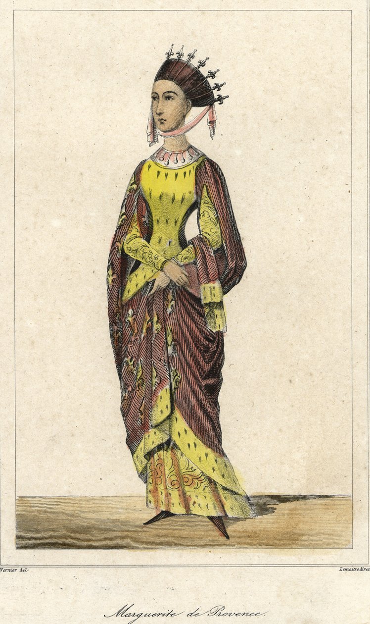 Porträtt av Marguerite de Provence (1221 - 1295), drottning av Frankrike, fru till Ludvig IX. Gravyr 1800-talet. av French School