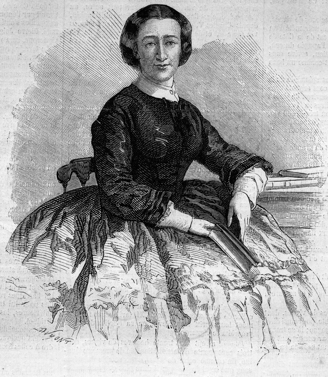 Porträtt av Maria Francisca de Sales (1825-1860), hertiginna av Alba och syster till den franska imponen Eugenie de Montijo. Gravyr i "" Le Monde Illustré"" nr 180 av 22 september 1860. av French School