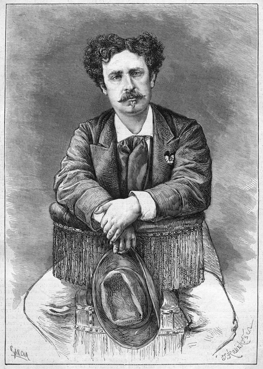Porträtt av Mariano Fortuny (1838-1874), spansk målare. Gravyr i "" Le Monde Illustré"" nr 921 av 5 december 1874. av French School