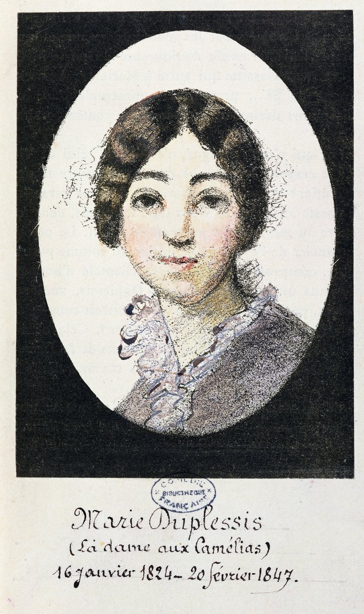 Porträtt av Marie Duplessis (1824-1847) även känd som La Dame aux Camelias, 1847 av French School